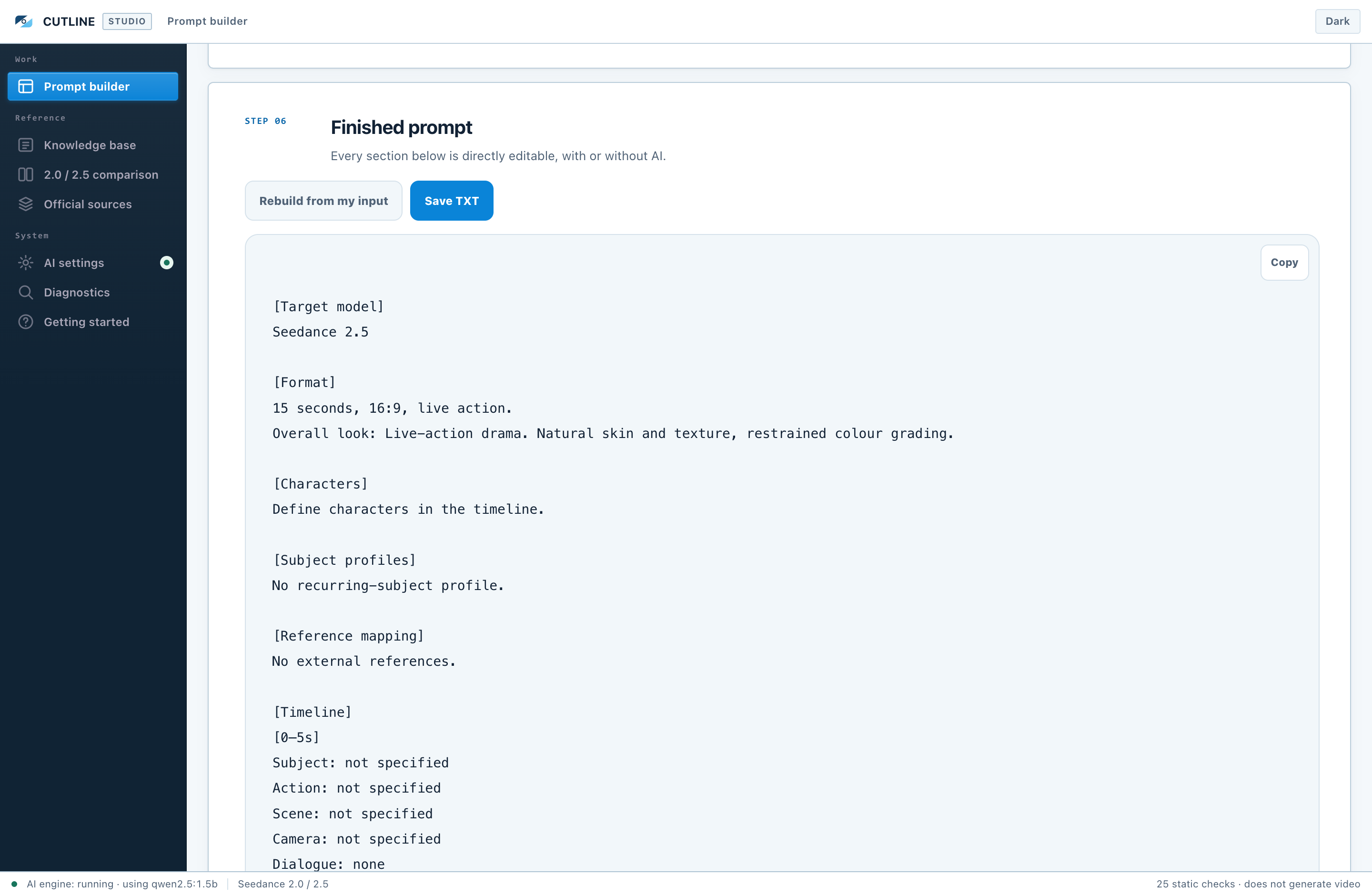 The finished prompt beside the static checks