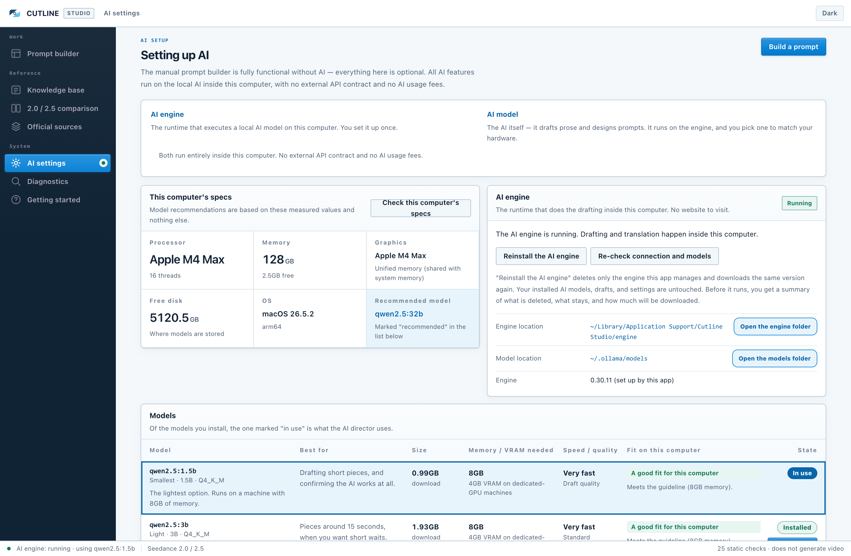 AI settings, with measured specs and the model list