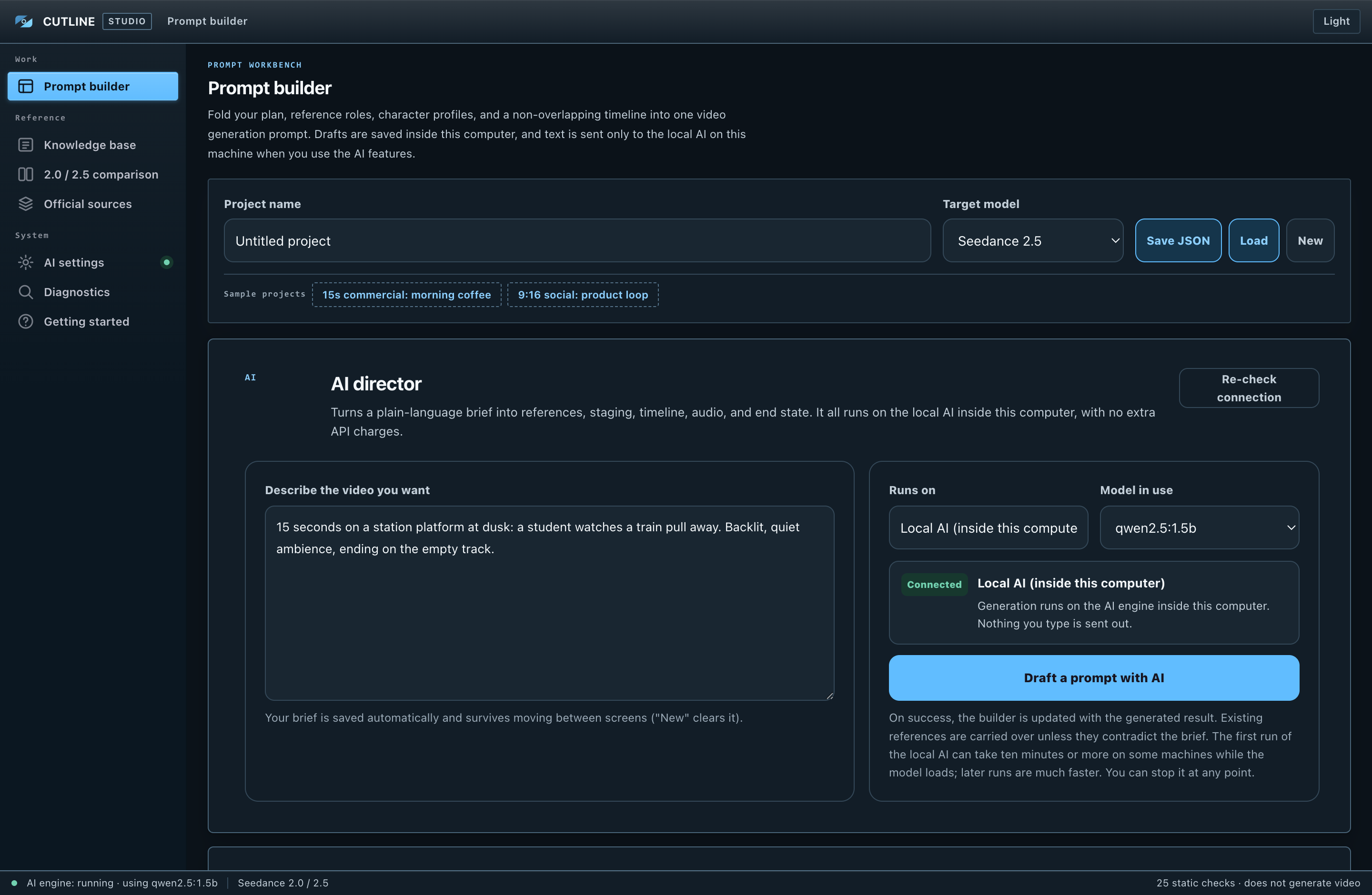 The builder in the dark theme