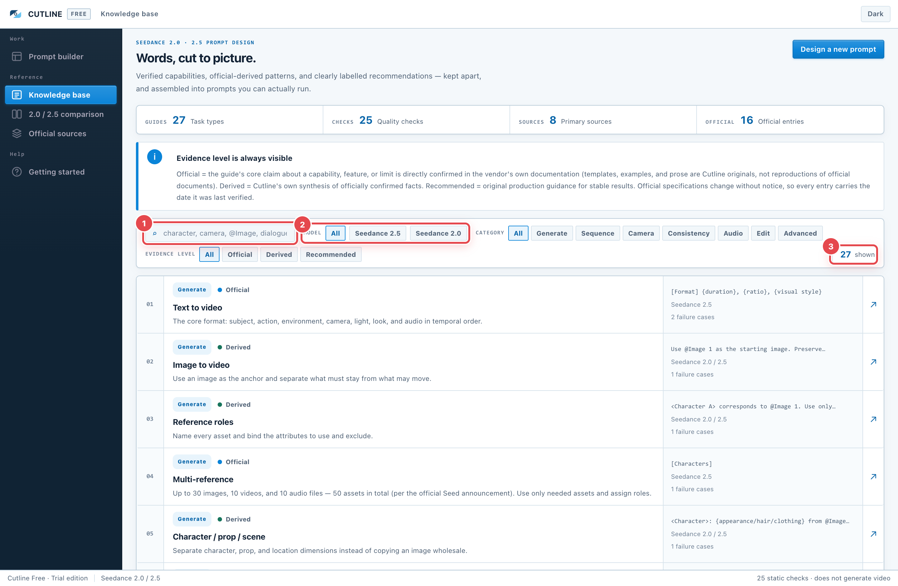 The knowledge base. ① Search field ② model filter ③ how many entries are shown.