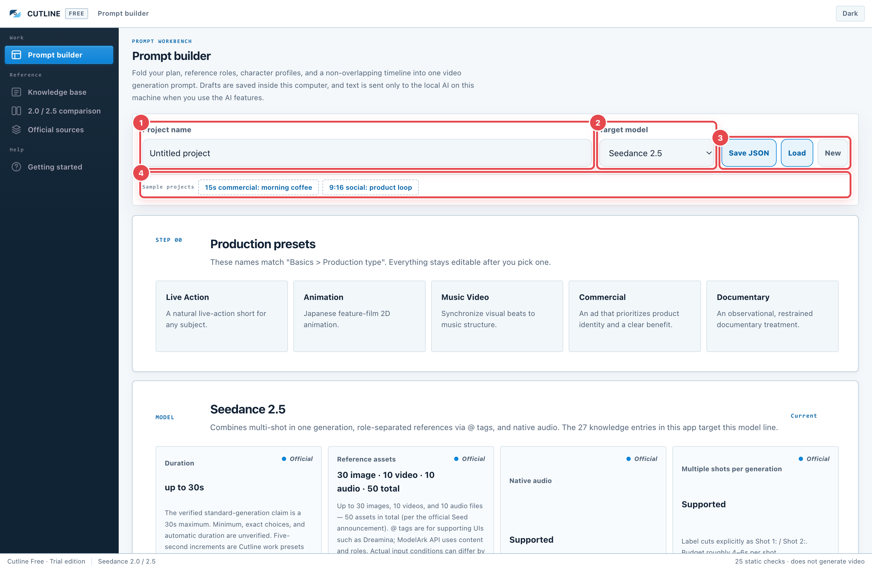 The top of the builder. ① Project name ② target model ③ Save JSON, Load, New ④ sample projects.