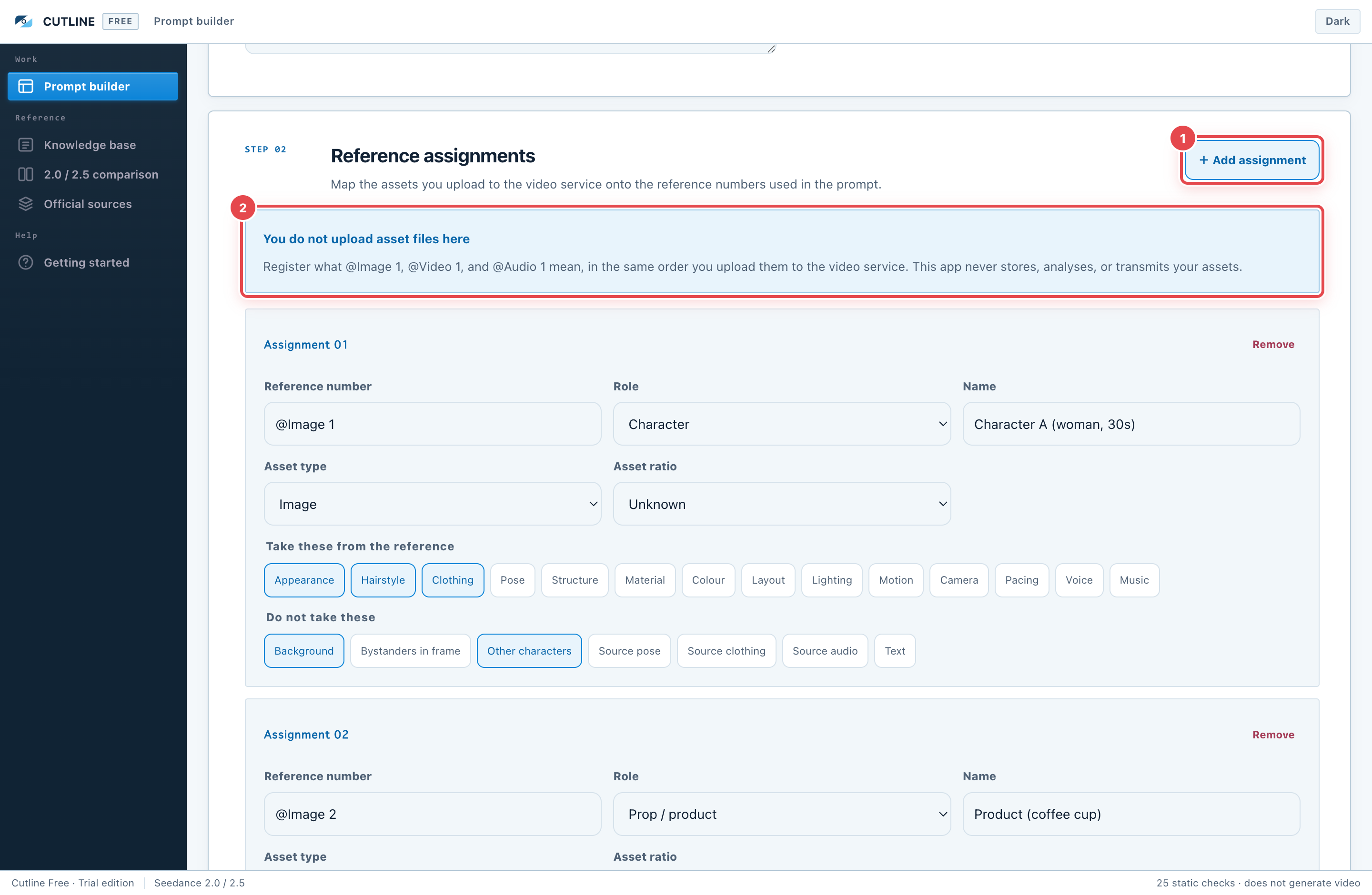 References. ① "Add assignment" registers one at a time ② how references work for the model you selected.