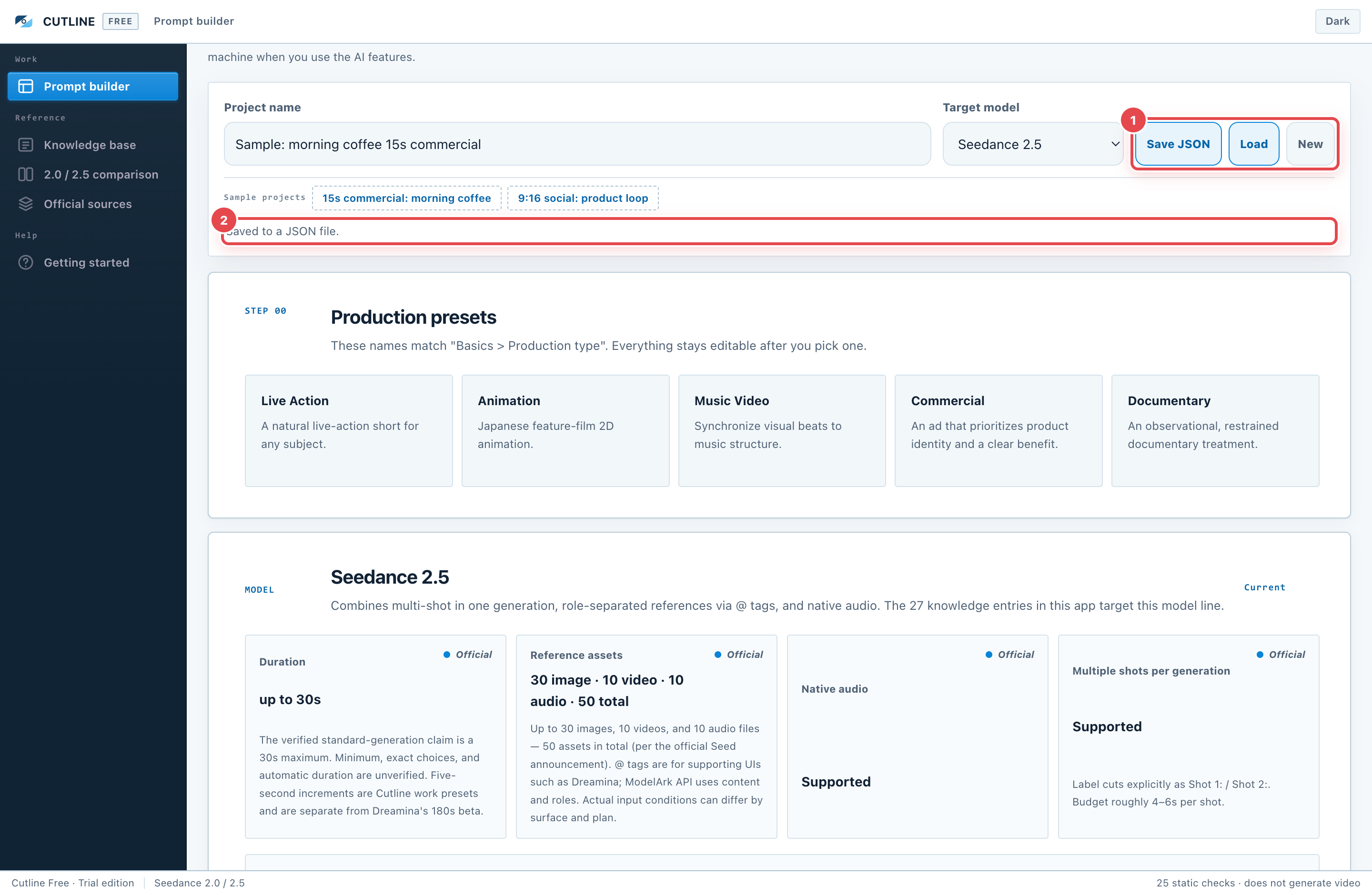 Save JSON. ① Press "Save JSON" and ② "Saved to a JSON file." appears as the file is written.