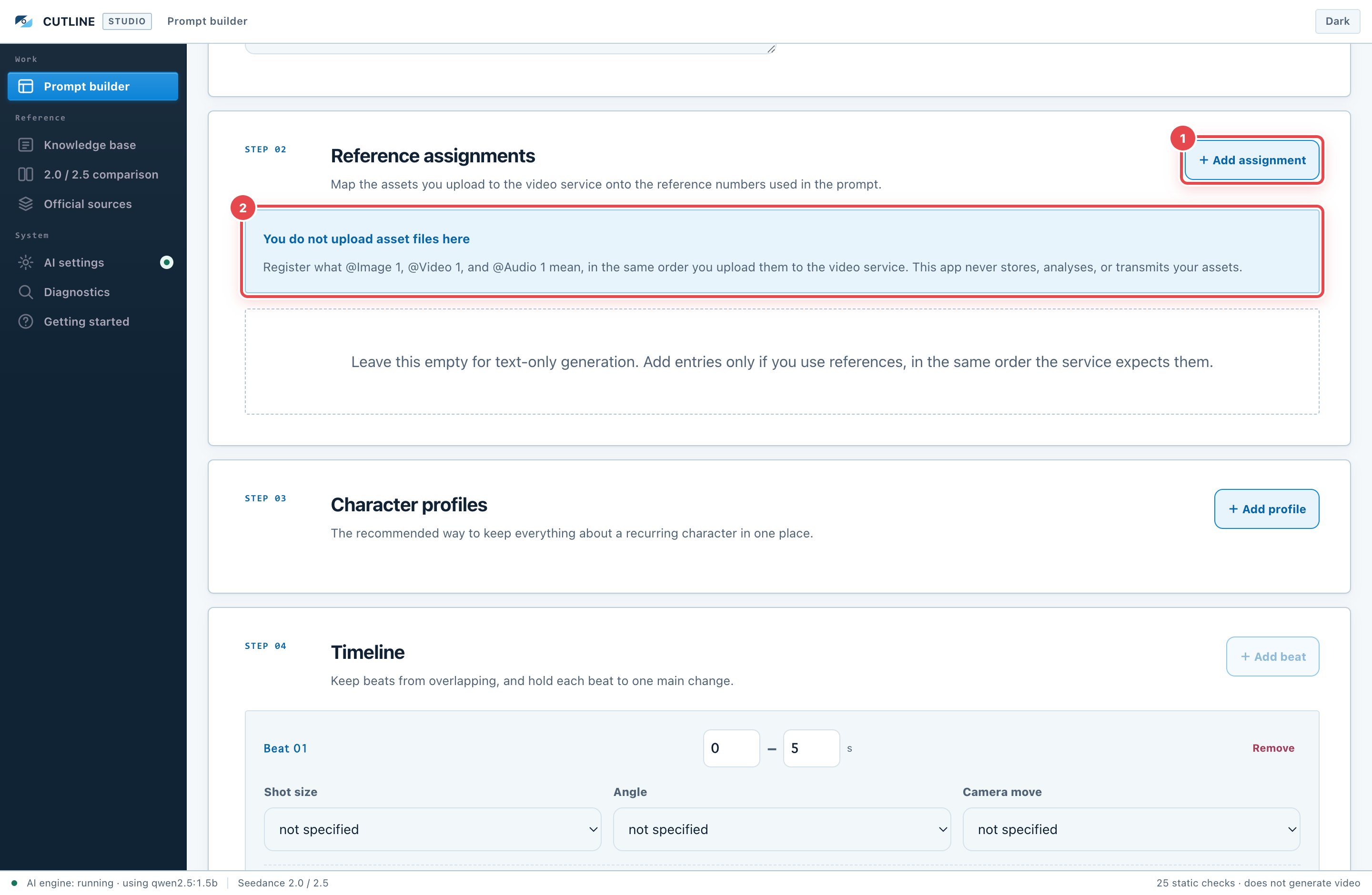 The references screen. ① "Add assignment" registers one at a time ② this panel explains how references work for the model you selected.