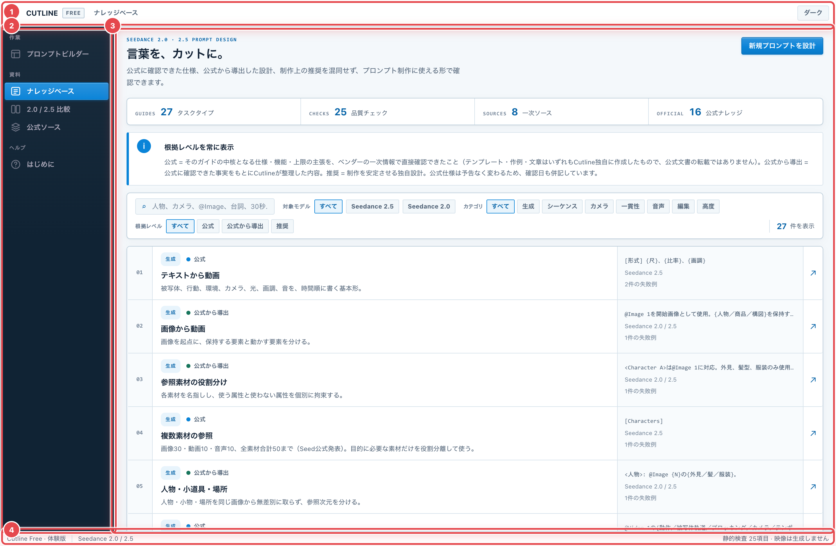 画面全体。①タイトルバー ②左のメニュー ③作業領域 ④ステータスバー。