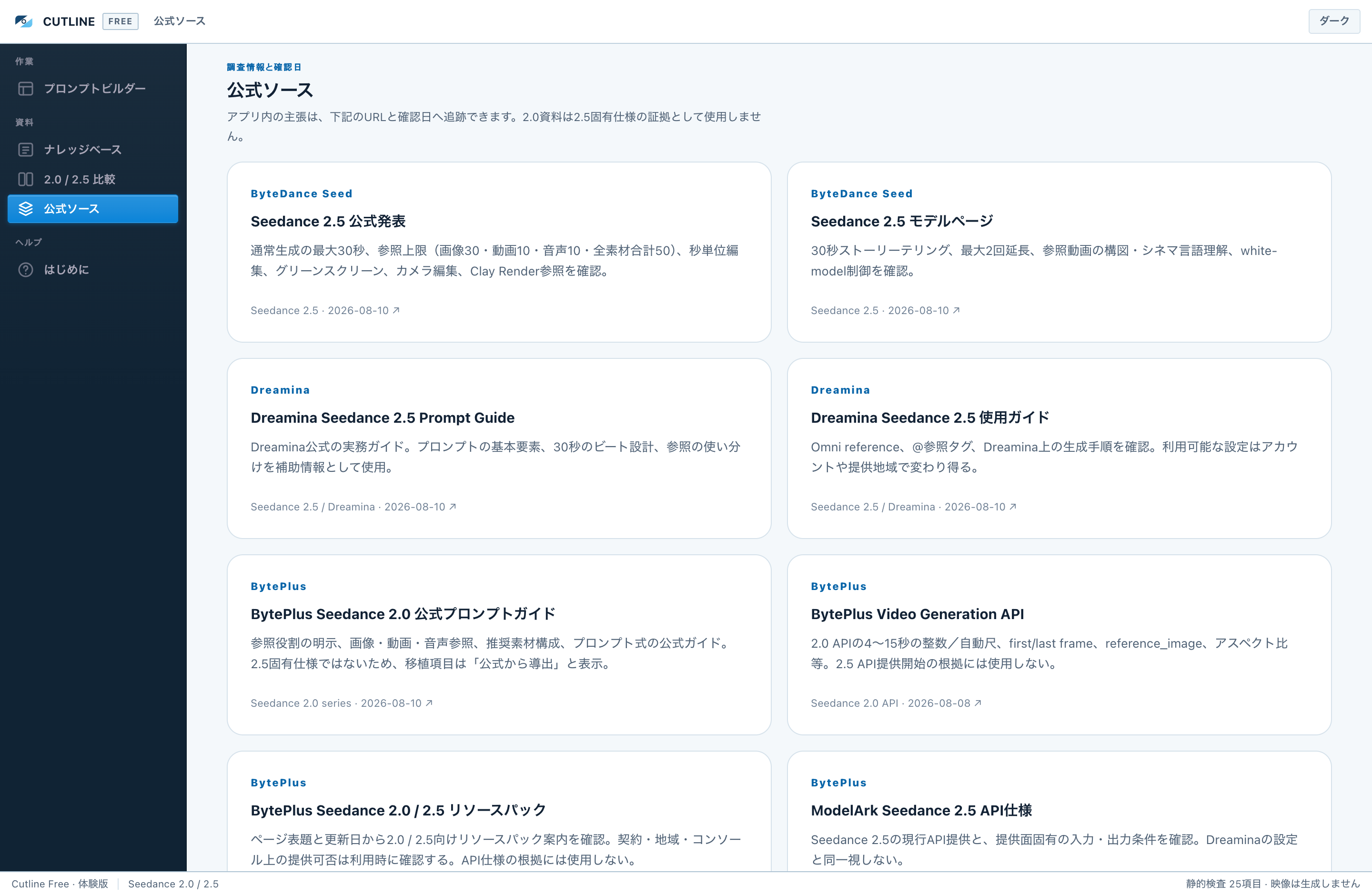 参照した一次情報の一覧。発行元・タイトル・確認日つきでリンクが並びます。