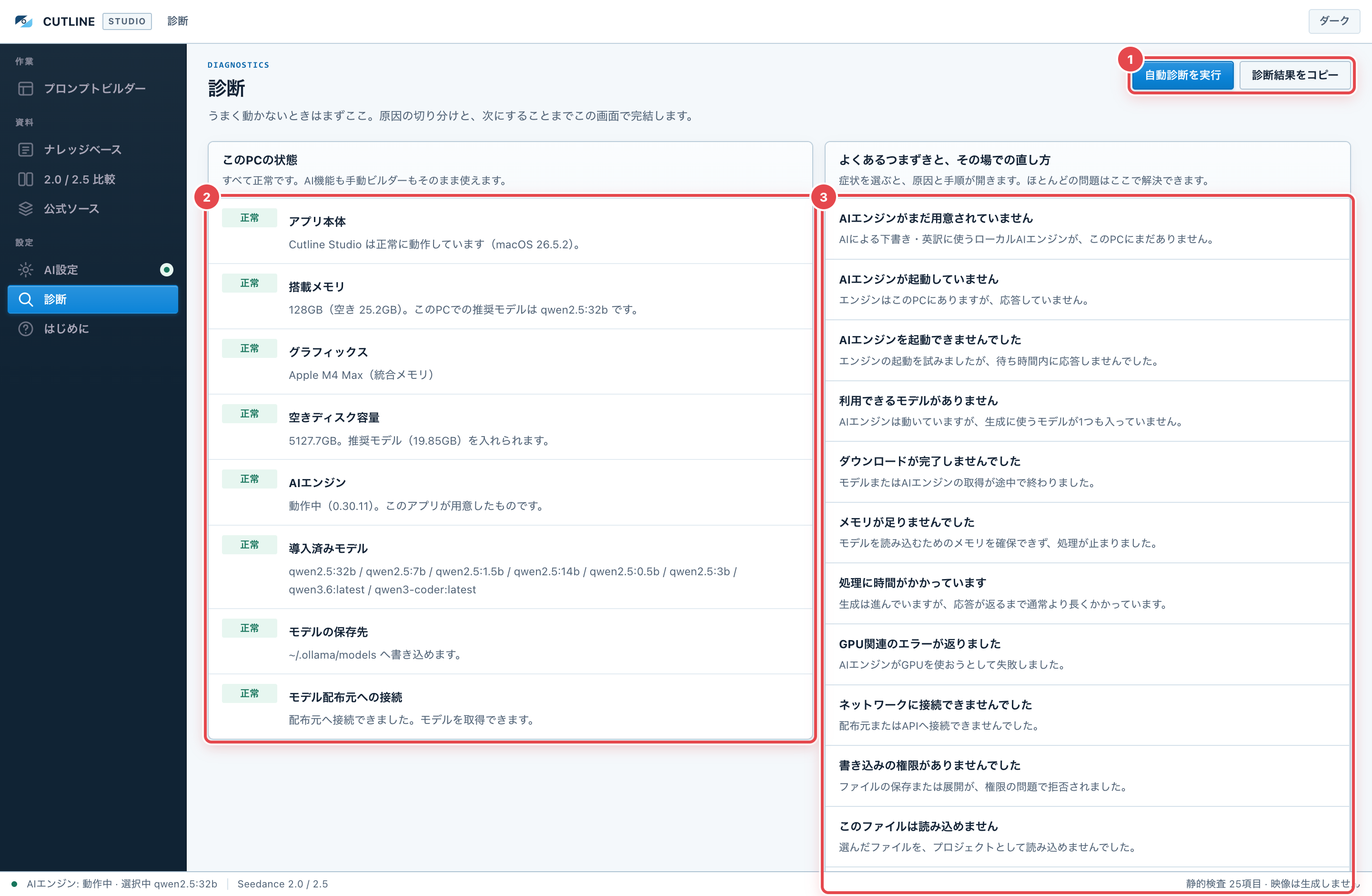 診断画面。①「自動診断を実行」と「診断結果をコピー」 ②このPCの状態の検査結果 ③つまずき別の直し方。